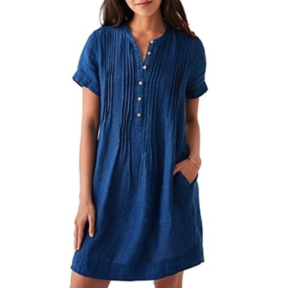 Faherty Linen Dress Women S Blue Indigo Pintuck Henley Short Sleeve Pocket
